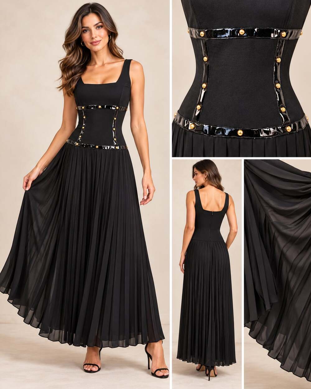 Susan Roselli for Vijak Maxi Dress Size 8 Black Pleated Chiffon Gold Studs